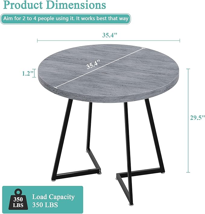 VECELO 35" Round Dining Table for 4, Wood-Grain Tabletop & Heavy-Duty Steel - Image 5