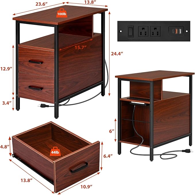 Narrow Side Tables with Charging Station, Narrow End Table with Wooden Drawers - Image 3