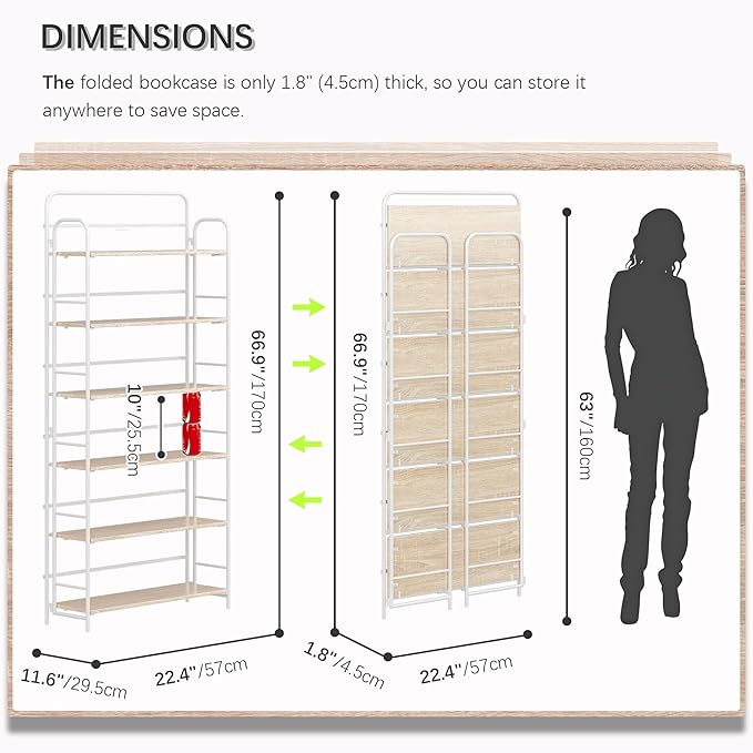 4NM No Assembly Folding Bookshelf 6 Tiers Vintage Industrial White Book Shelf - Image 2
