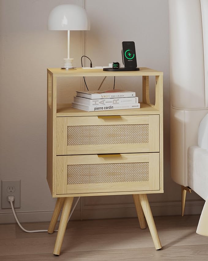 Rattan Nightstand with Charging Station, Farmhouse Bedside Table with 2 Storage by JOONEE