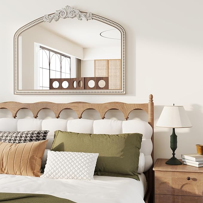 42''x32'' Baroque Wide Arched Wall Mirror, Ornate Wooden Farmhouse Arch - Image 4