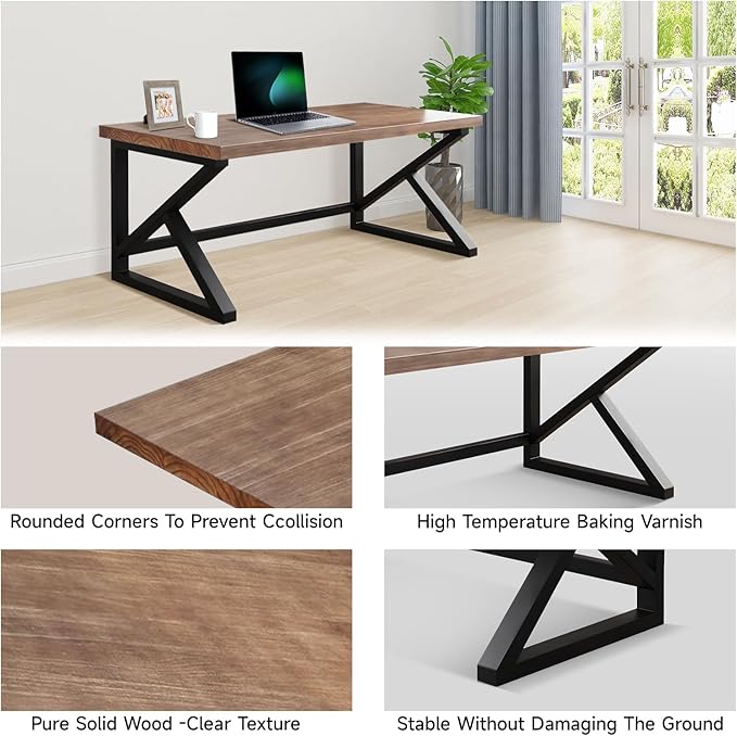 Solid Wood Computer Desk, Rustic Style 55-inch Large Office Desk- Modern Gaming - Image 4