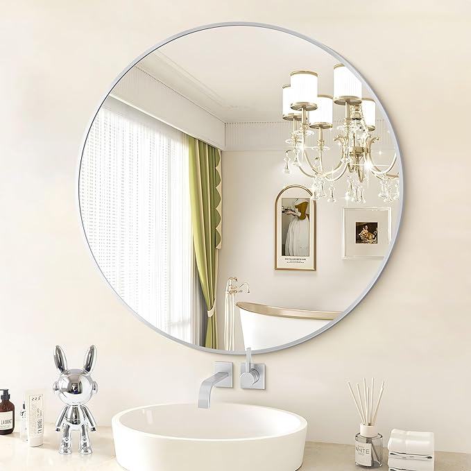 Silver Round Mirror, 39 Inch Wall Mounted Round Mirror, Aluminum Alloy Metal - Image 2