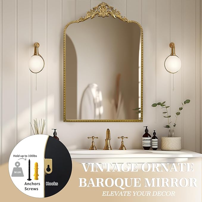 G-LEAF Vintage Baroque Mirror 24"X36", Arched Mantel Victorian Antique - Image 6