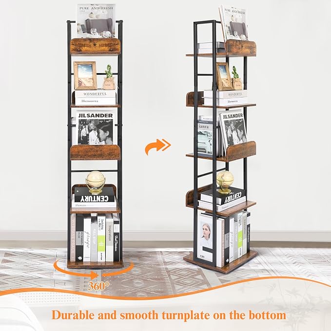 Bikoney Rotating Bookshelf, 360 Display Spinning Bookshelf Tower, 5-Tier Narrow - Image 4