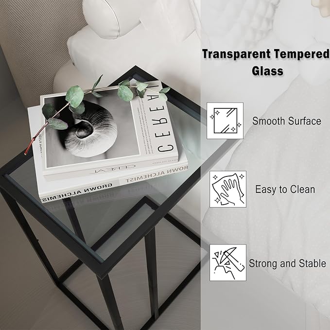 Easy Paws C Shaped End Table Set of 2, Tempered Glass Snack Side Table - Image 4