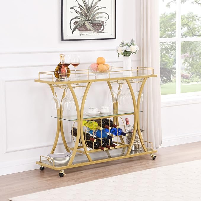Gold Bar Carts with Glass Holders & Wine Rack, 3 Tier Home Bar Serving Carts by FABOMEI