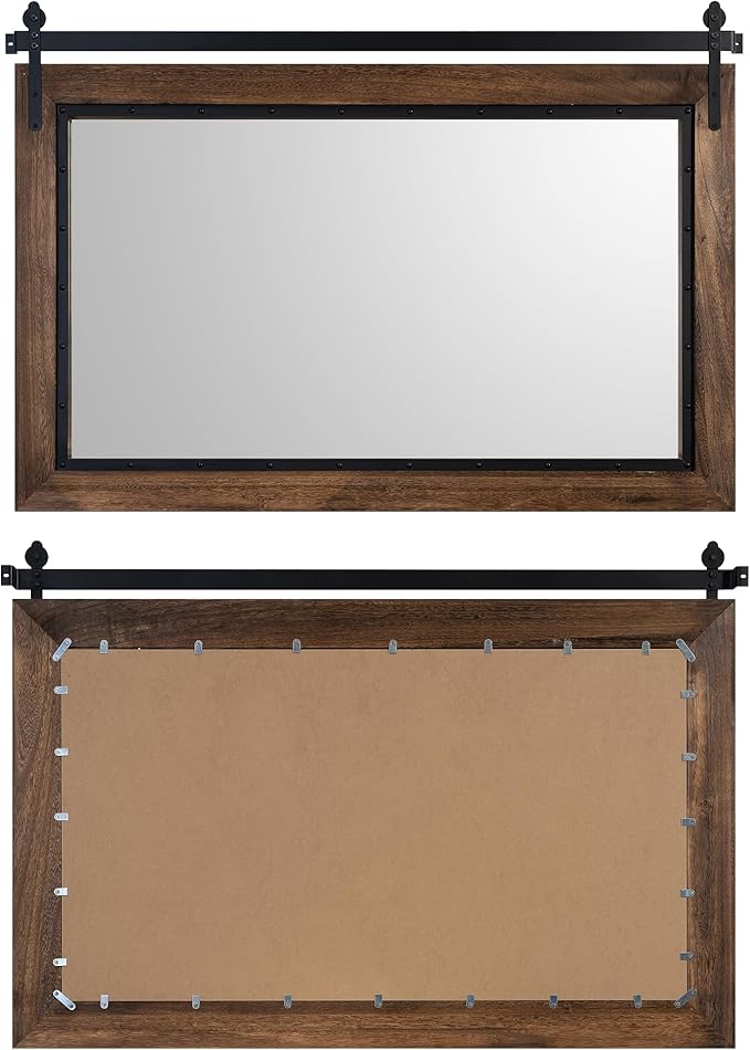 YOSHOOT Farmhouse Barn Door Mirror, Wood Frame Wall Mirror, Wooden Mirror - Image 3