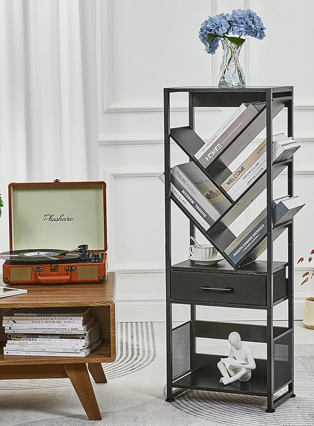Bookshelf with Drawer, 8 Tier Tree Bookcase Retro Floor Standing Bookshelves by Zexvida