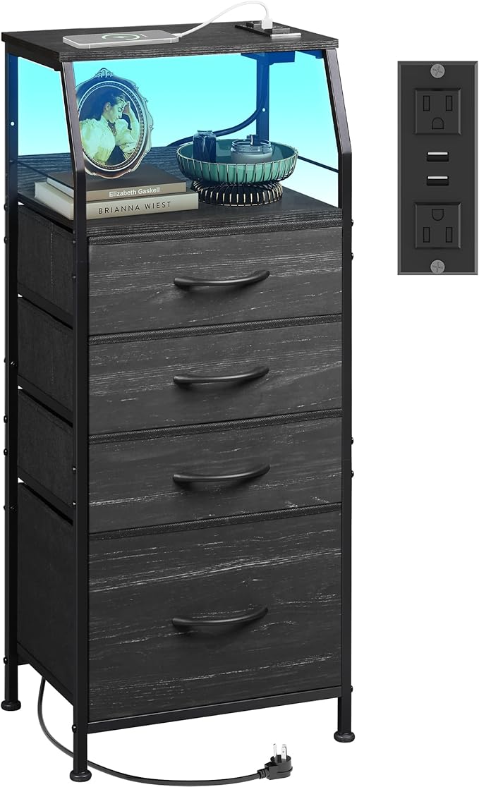 WLIVE Nightstand with Charging Station, Tall 4 Drawer Dresser by WLIVE