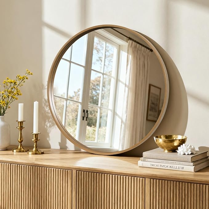 HOMECOOKIN Round Wood Mirror 28 inch Circle Wall Mirror - Image 5