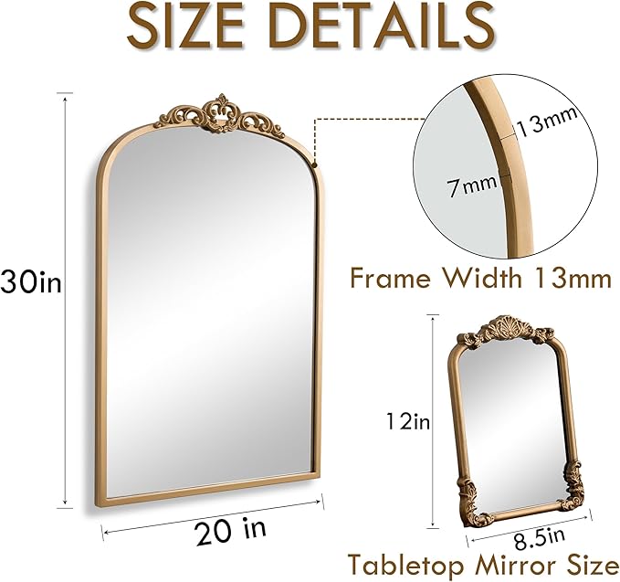 1 Set Vintage Mirror 20x30 Gold Antique Baroque Arched Ornate Traditional Brass - Image 3