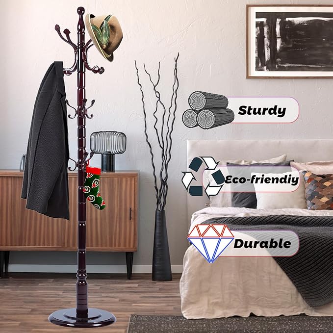 72 in Wood Coat Rack, Coat Rack Freestanding - Image 4