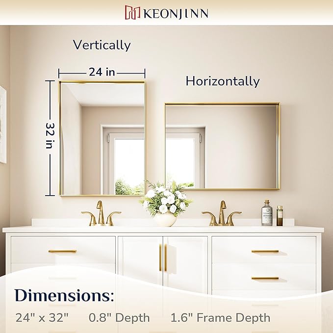 Keonjinn 24 x 32 In Brushed Gold Bathroom Mirror - Image 7