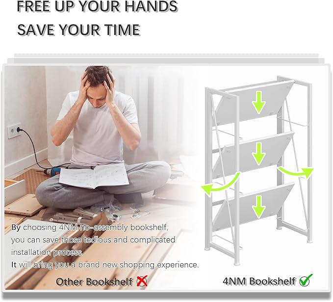 4NM No-Assembly Folding Bookshelf Storage Shelves 3 Tiers Vintage Bookcase - Image 7