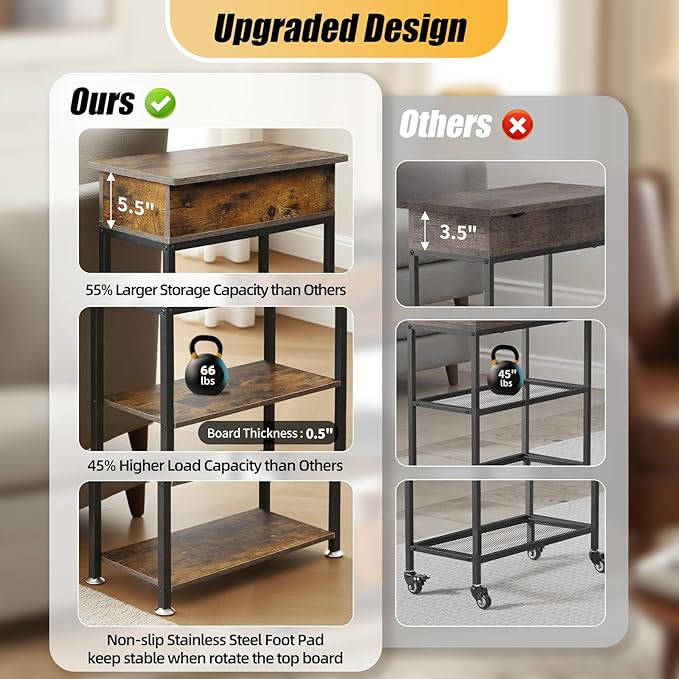 Rotating Top End Table with Charging Station, Side Table with USB Ports and - Image 3