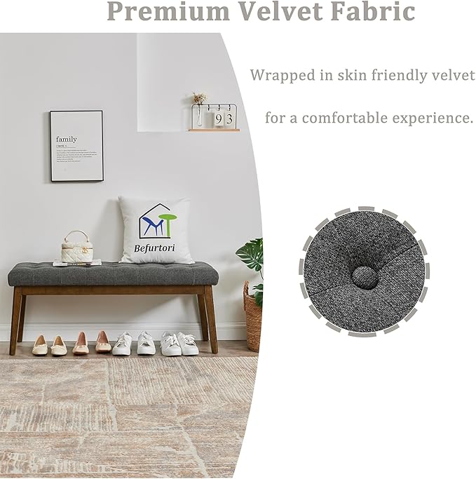 End of Bed Bedroom Bench, Linen Upholstered Tufted Bench - Image 7