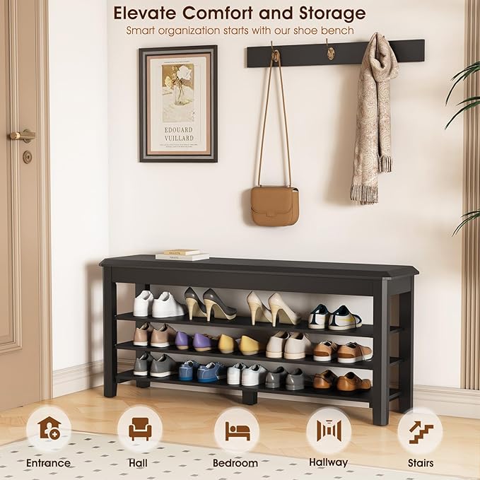 Shoe Rack Bench Seat Rubberwood 3-Tier Wooden Storage Bench 550lbs Compact - Image 3