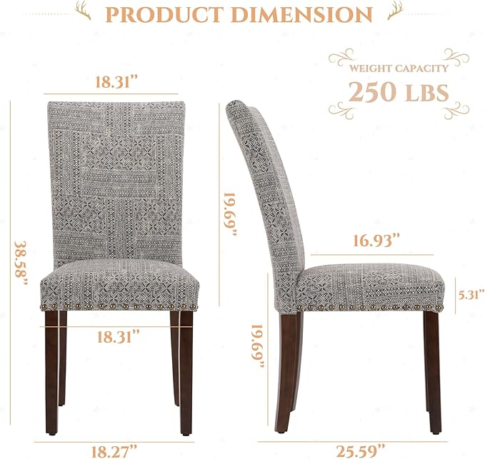 Parsons Dining Chairs Set of 2, Upholstered Nailhead Dining Room Kitchen Side - Image 3