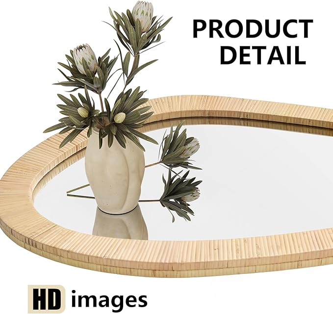 H HOMEWINS Rattan Mirror for Wall, 31.5'' x 25.2" Wooden Framed Farmhouse Boho - Image 3