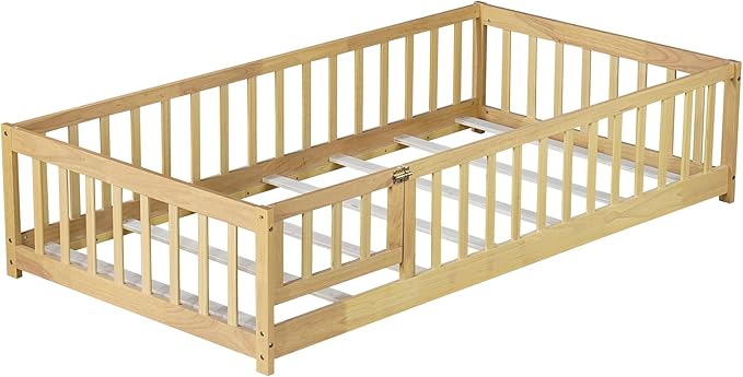 Twin Floor Bed Frame with Slats and Safety Guardrail, Wood Twin Size Montessori - Image 7
