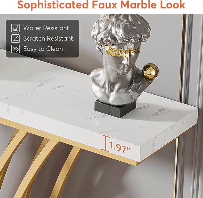 LITTLE TREE Narrow Entryway Console Table, Faux Marble White+Gold - Image 6