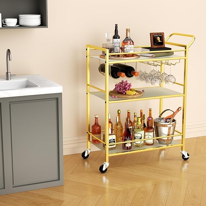 Gold Bar Cart, Serving Cart for Home, Rolling Beverage Cart - Image 2