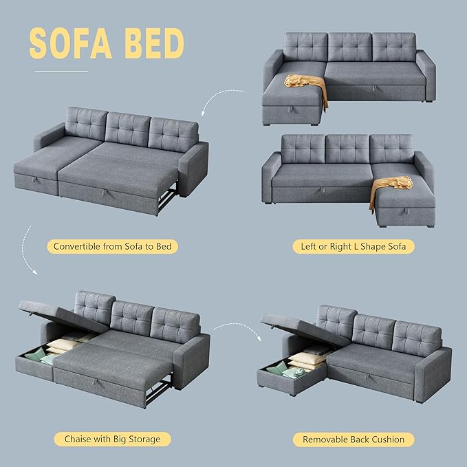 Ball & Cast L-Shape Reversible Sectional Sleeper Sofa Bed, Linen Upholstered 4 - Image 4