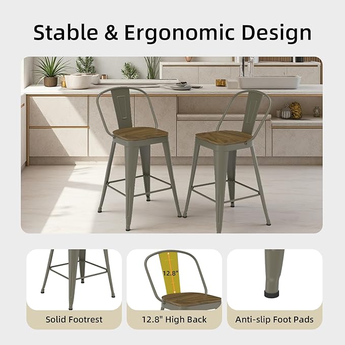 Metal Bar Stools Set of 4, High Back Bar Stools - Image 4