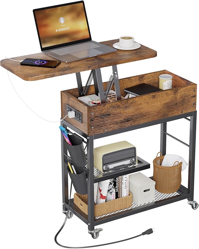 Colima Lift Top End Table with Charging Station and Wheels, Sofa Side Table by Colima