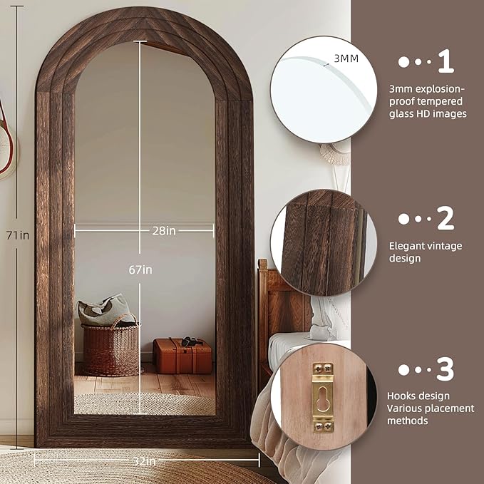 Arched Full Length Mirror with Solid Wood Frame, 71x32 Farmhouse Wall Mounted - Image 2