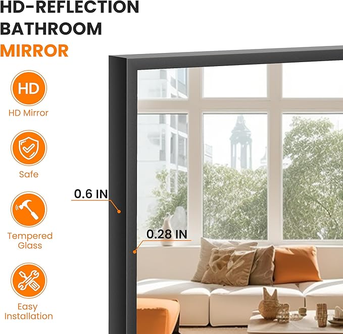 Bathroom Vanity Mirror for Wall, HD Shatterproof Glass, Hangs Horizontally or - Image 4