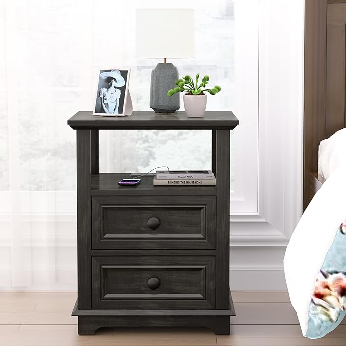End Table with Fast USB C Charging Station, Large Storage Rustic Wood Square - Image 6