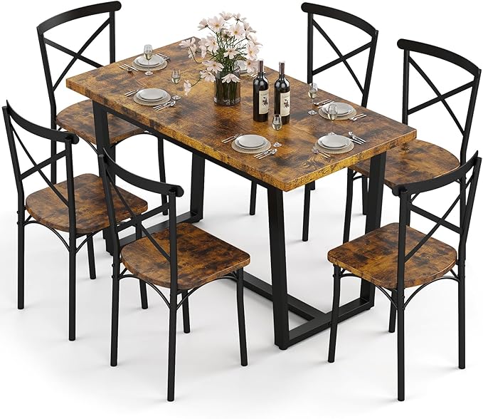 7-Piece Dining Table with Chairs Set, Rectangular Metal Frame Table with 6 by Zevemomo