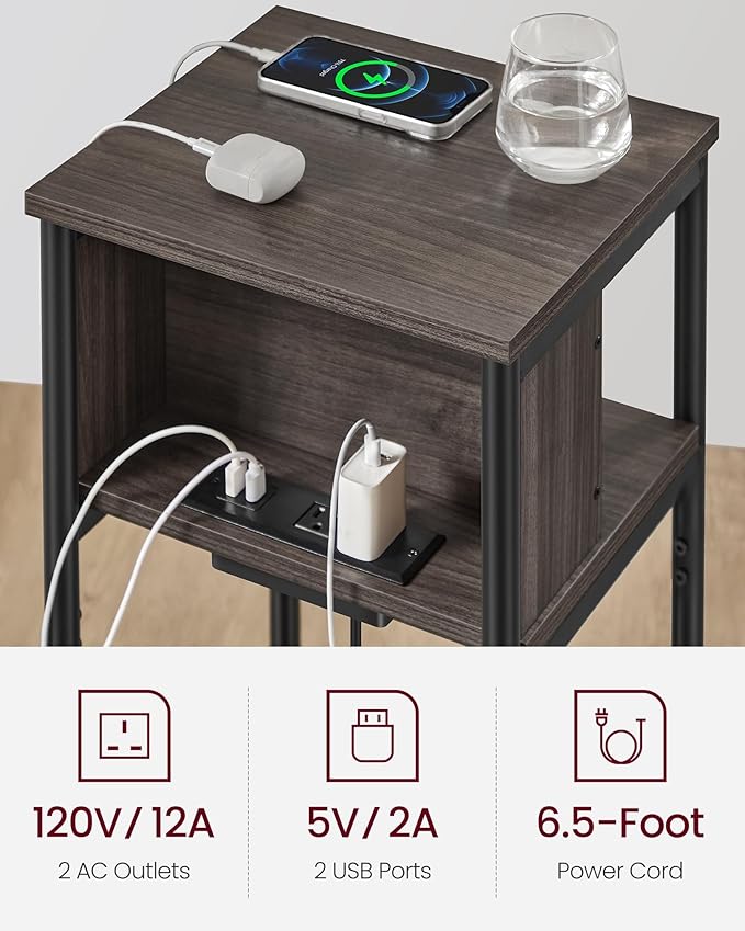 VASAGLE Side Table with Charging Station, 3-Tier End Table with USB Ports and - Image 5