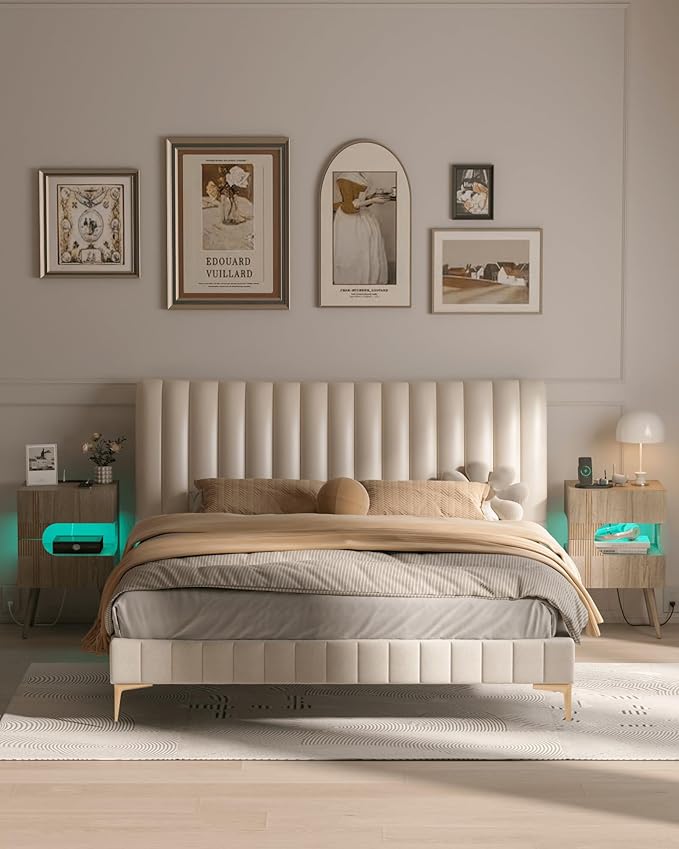 Nightstand with Charging Station and LED Lights, Modern Bedside Table with 2 - Image 7
