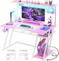 Gaming Computer Desk with Power Outlets, Gaming Desk with Hutch and LED Lights by Armocity