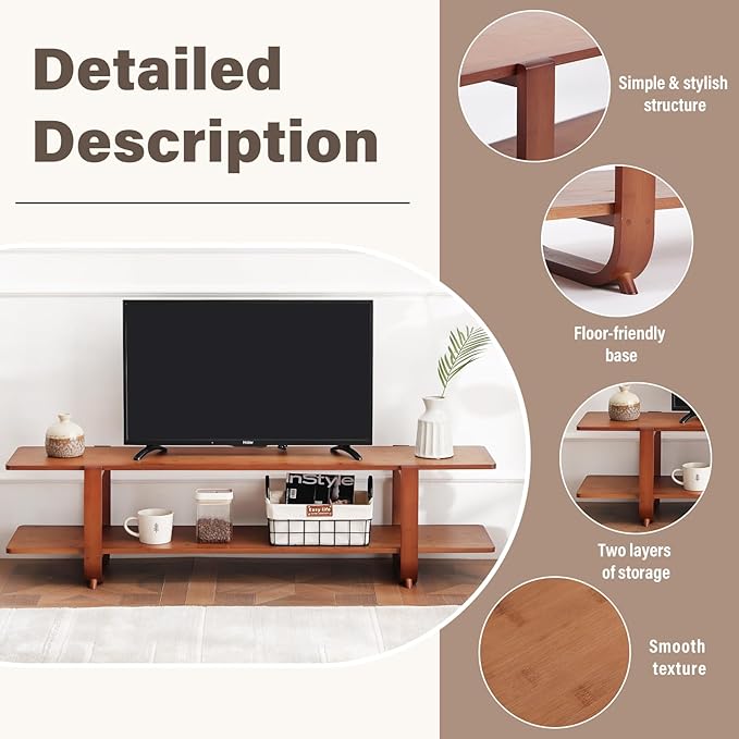 Welnow Bamboo TV Stand for Up to 65 Inch, Mid Century Modern Entertainment - Image 4
