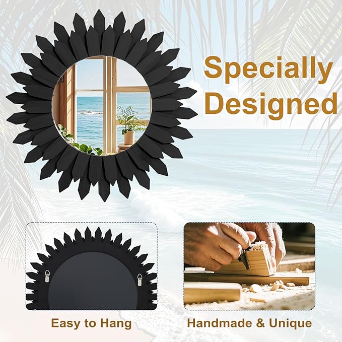 20 Inch Black Boho Wall Decor Sunburst Mirror - Image 4