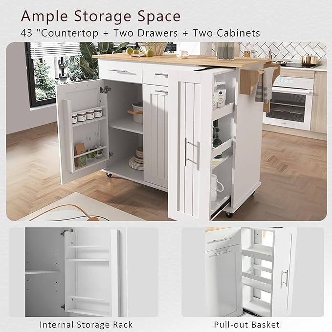 46" Kitchen Island with Drop Leaf, Kitchen Storage Cart W/ 3 Tier Pull Out - Image 4