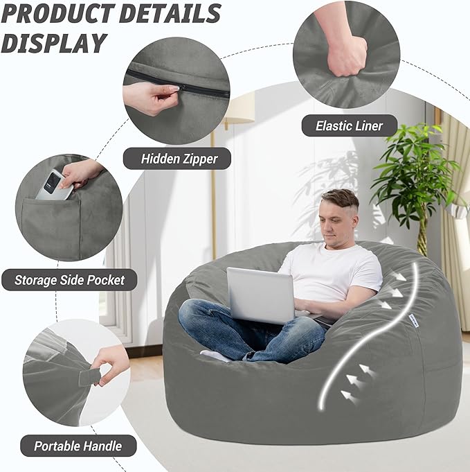 3FT Bean Bag Chair with Ultra Soft Velvet Cover Bean Bag Sofa with Memory Foam - Image 4