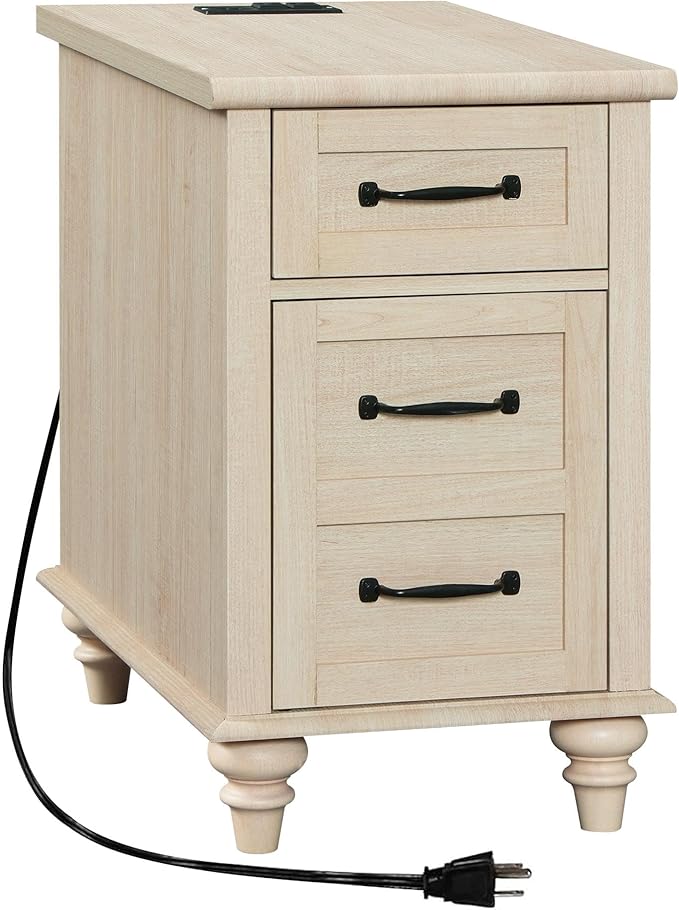 WAMPAT Beige End Table with Charging Station, Wooden Side Table with Storage - Image 9