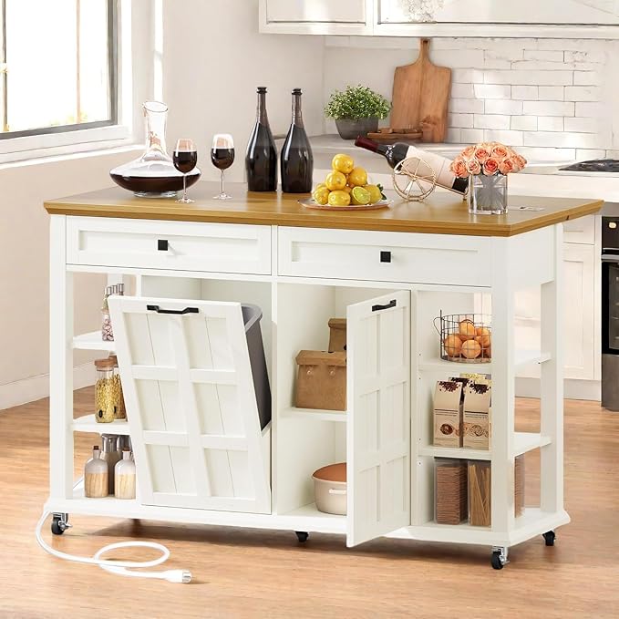 DWVO Kitchen Island with Drop Leaf, Tilt Out Trash Can Cabinet, Mobile Storage by DWVO