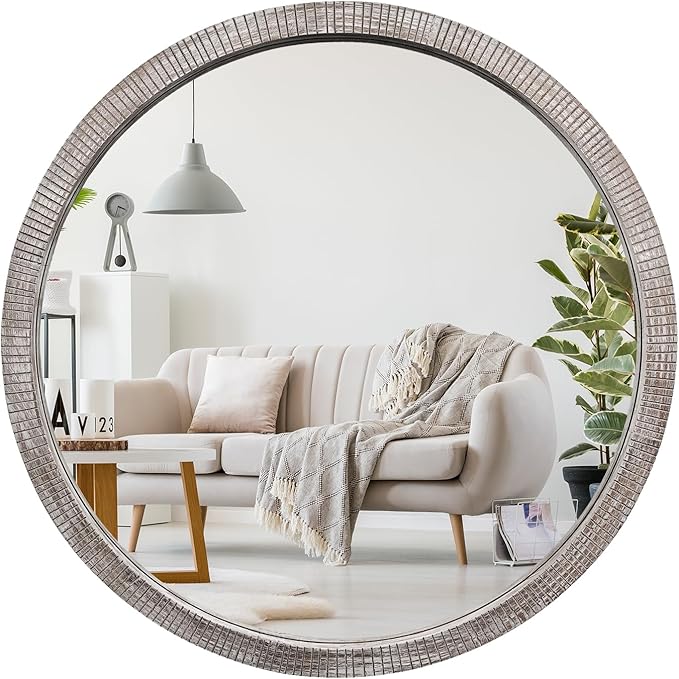 35" Round Wood Mirror, Large Wooden Round Mirror, Wood Round Mirrors by GIFTTROVE