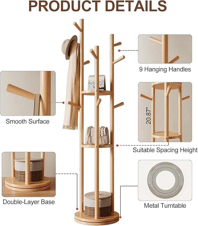 Solid Wood Rotary Coat Rack, Freestanding Coat Rack - Image 5