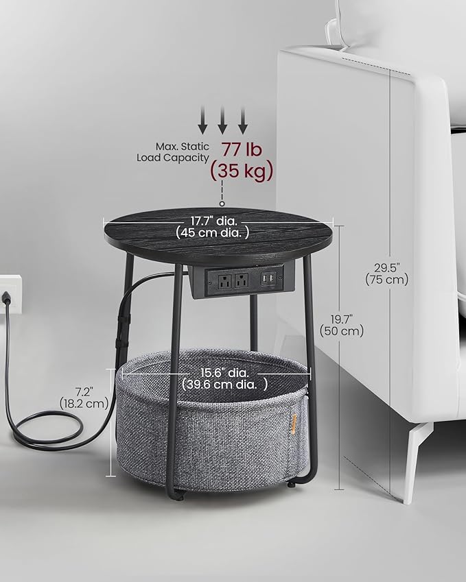 VASAGLE Side Table with Charging Station, Round End Table with Fabric Basket - Image 5