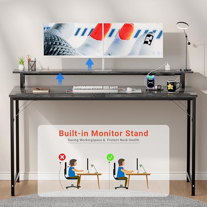47 inch Computer Desk with Power Outlets, Gaming Desk with LED Lights, Home - Image 6