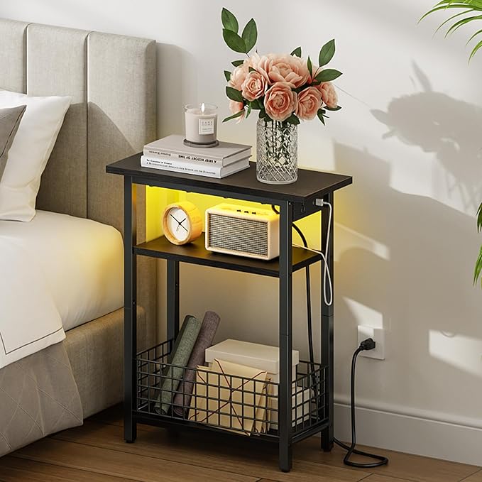 HOOBRO Narrow Side Table with Charging Station and LED Light, Small End Table - Image 5