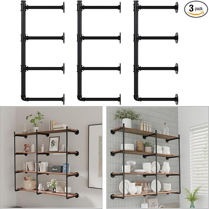 Industrial Pipe Shelf Brackets Wall Mount, Open Black Pipe Shelving by YCCO