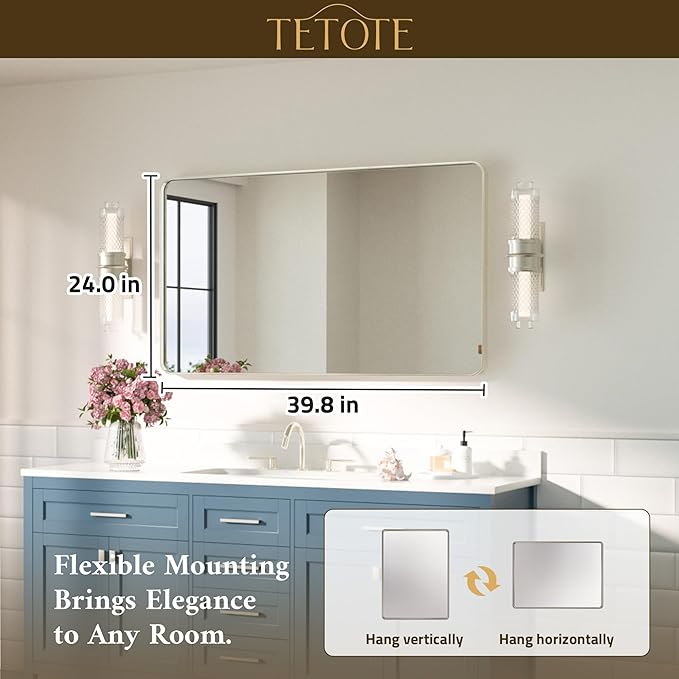 TETOTE Brushed Nickel Bathroom Mirror 40 x 24 Inch Brushed Nickel Metal Framed - Image 7